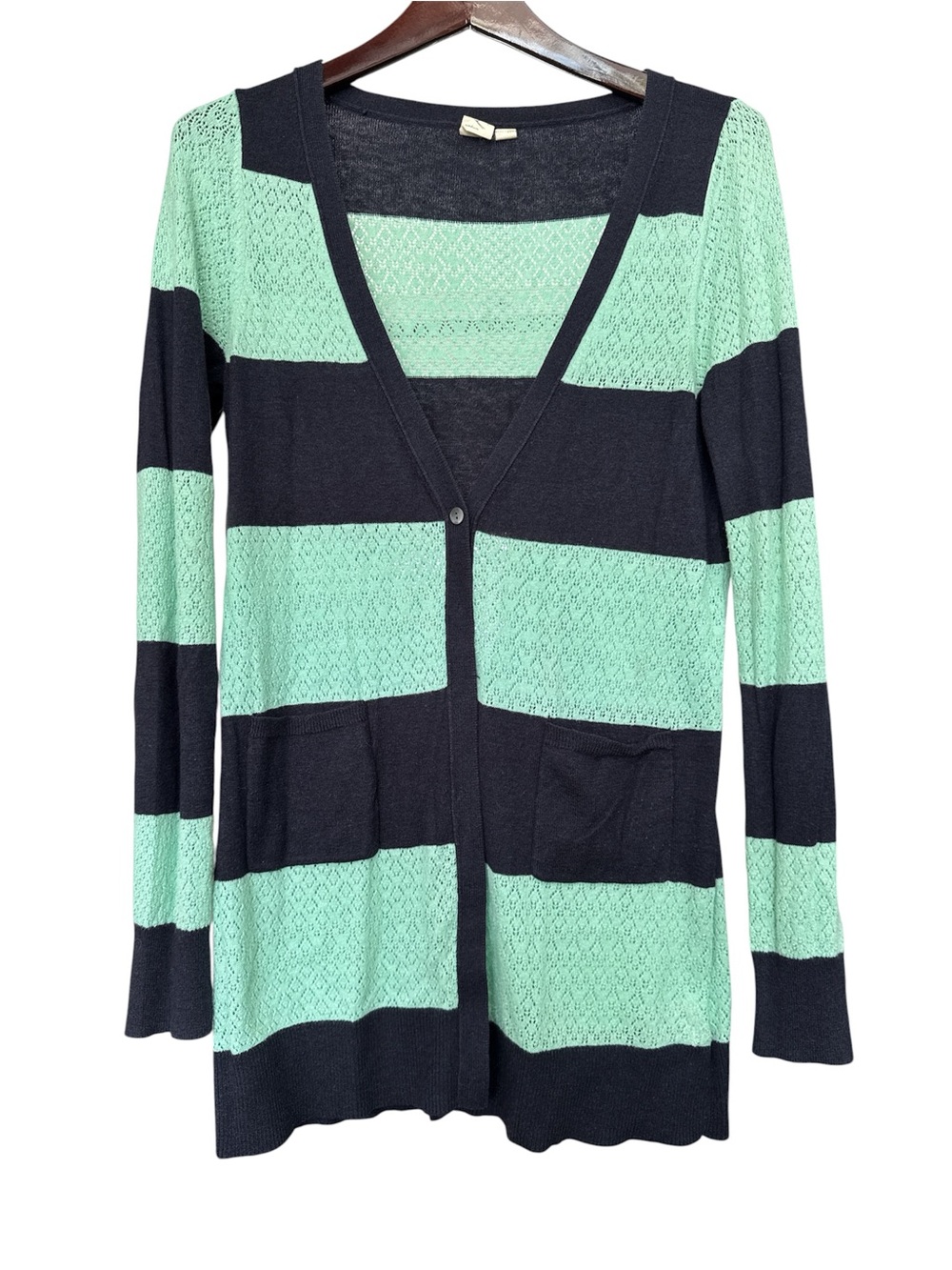 Anthropologie Mint and Navy Striped Lightweight Cardigan